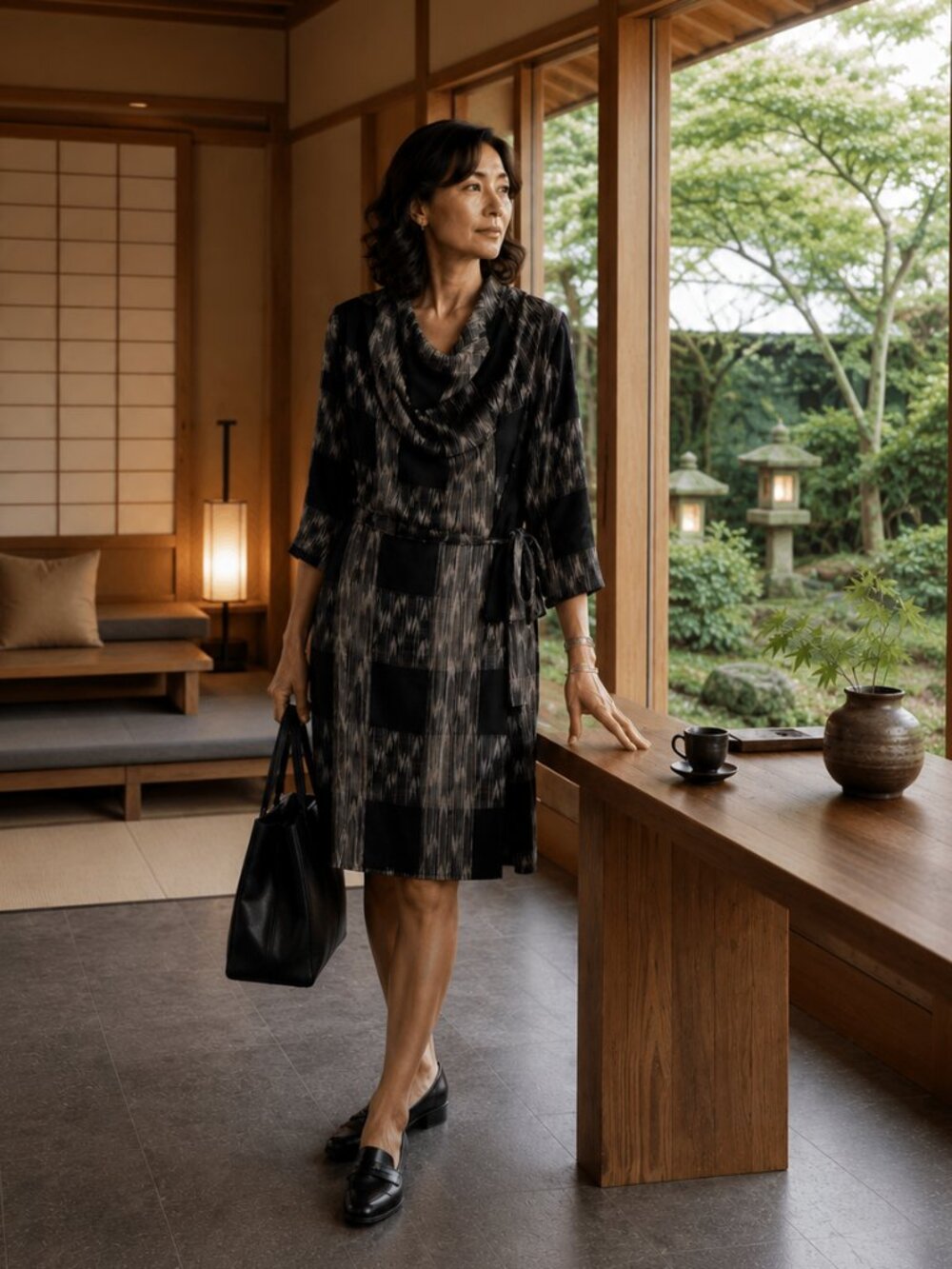French Connection/L Magnin Ikat Wrap Dress Black Taupe Small